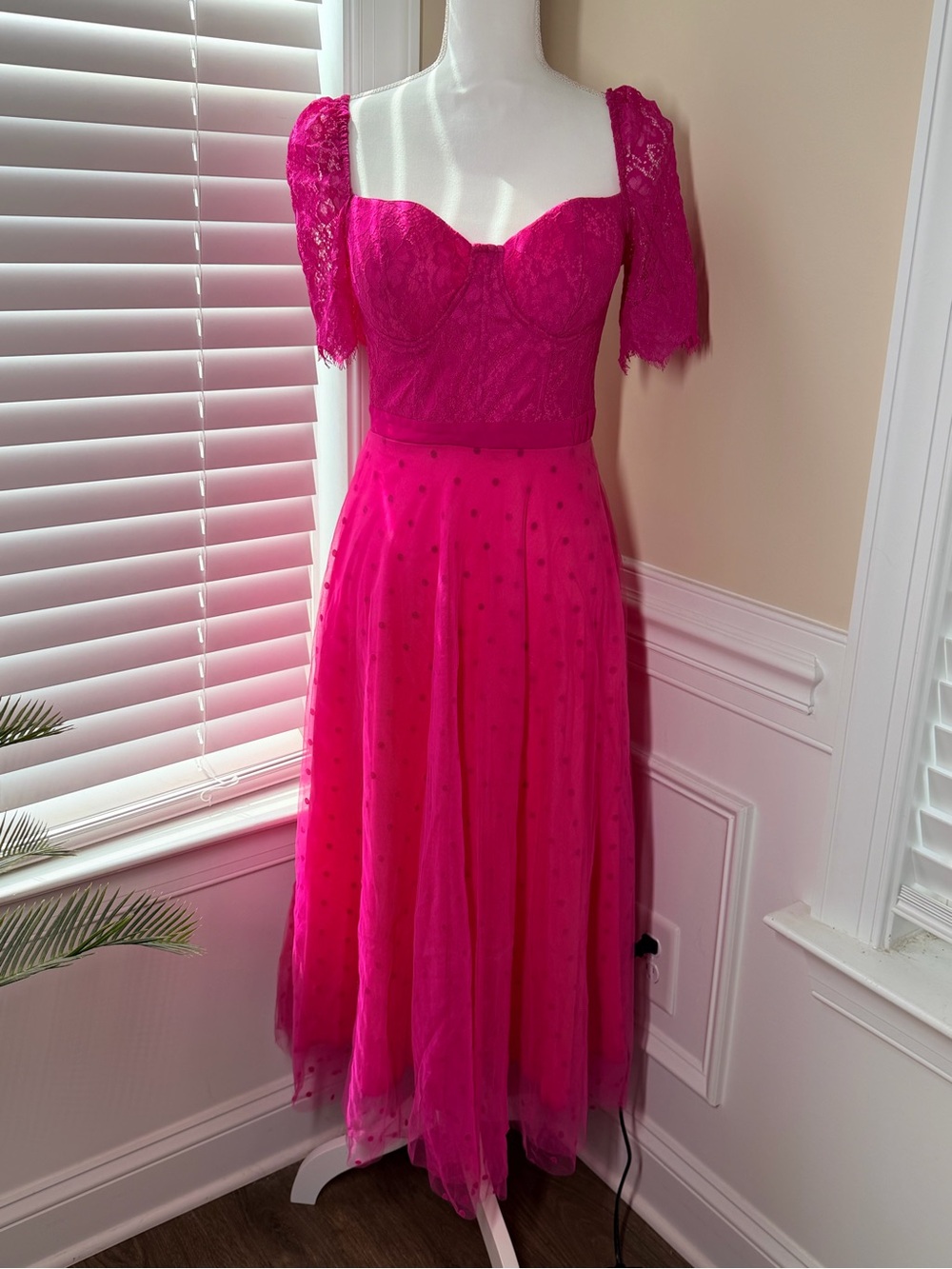 Hot Pink Lace Midi Dress with Tulle Skirt Size M